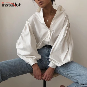 InstaHot שרוול פנס אלגנטי חולצה לבן שחור סקסי כפתור בציר חולצה להנמיך צווארון משרד גבירותיי חולצה נשי מזדמן