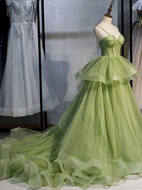 Long Woman Ceremony Dress Prom Fruit Green Ball Gown Tiered Tulle Princess Sweetheart Spaghetti Strap Chapel Train Evening Gown green