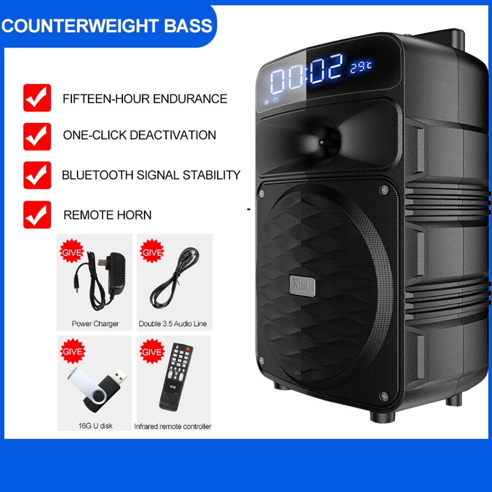 Standard 16G Udisk SOAIY T50 открытый динамик тяга Bluetooth пульт дистанционного управления беспроводной портативный микрофон Часы светодиодный FM TF квадратный Сад Пикник вечерние сабвуфер - Цвет: Standard 16G Udisk