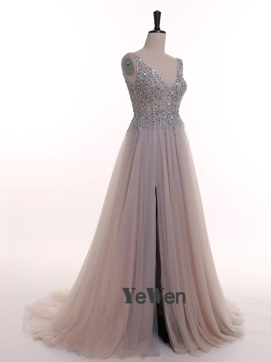 Серое вечернее платье с v-образным вырезом, Длинные вечерние платья с кристаллами и бисером, вечернее платье для выпускного вечера 2019