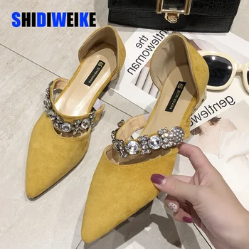 

Women Flats Shoes black Two Piece Rhinestone Band Female Pointed Toe Ballet Shoes Ladies Casual Single Shoes Sandals Summer