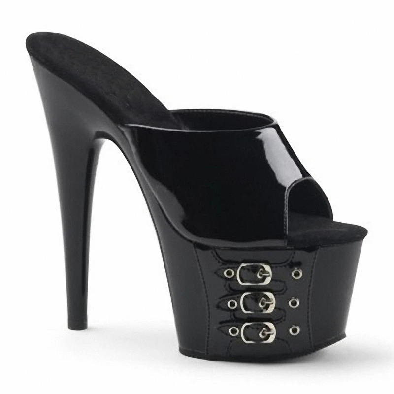 

7 inches women sexy high heels platform 17CM Sexy Fetish Trend Slippers Big Size Black Patent leather Punk Queen Cross dressing