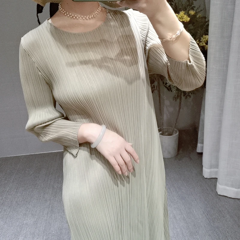 Горячая Miyake элегантное Модное Длинное платье с длинными рукавами и круглым вырезом
