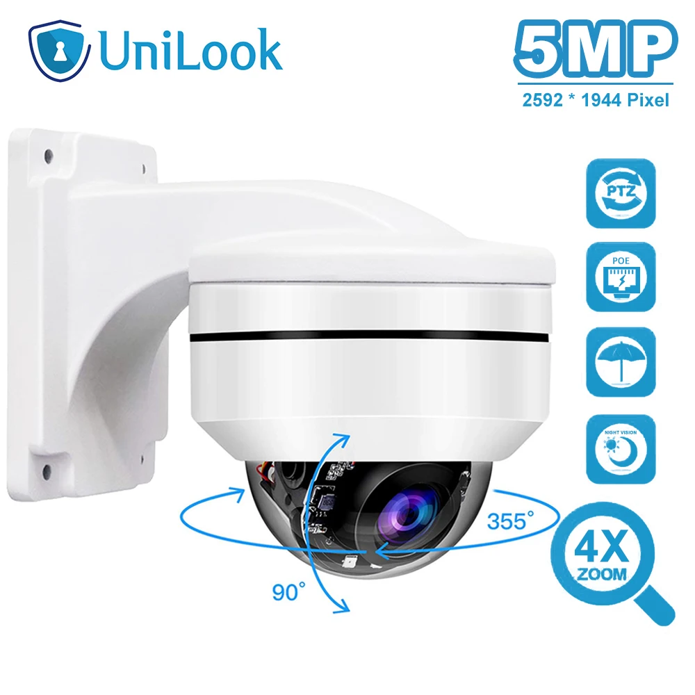  UniLook Outdoor 5MP PoE PTZ Security IP Camera 2592x1944P Super HD 4X Optical Zoom PTZ Dome Camera 