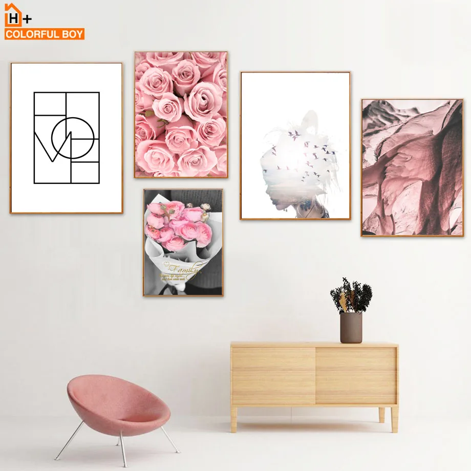 Pink Rose Flower Girl Desert Mountain Nordic Posters And Prints Wall Art Canvas Painting Print Pictures For Living Room | Дом и сад