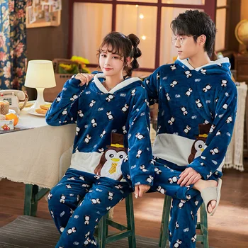 

UBeauty Flannel Couple Pajamas Thicken Women Men's Pajamas Coral Fleece Winter Autumn Leisure Pure Color Keep Warm