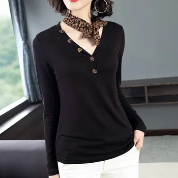

Women's 2020 Spring New Style V-Neck With Leopord Pattern Ribbon Black Hot T Shirt Tops Female Causal Elegant Bamboo Fiber Shirt