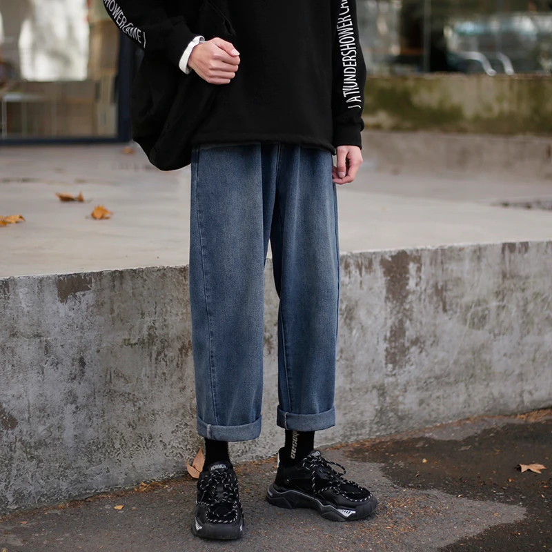 Wide legs Jeans Men Fashion Retro Solid 