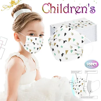

50Pcs Heart Print Disposable Children Face Mask Droplet-proof Quick-Drying Comfortable Earloop Mask Kids Cycling Accessories New