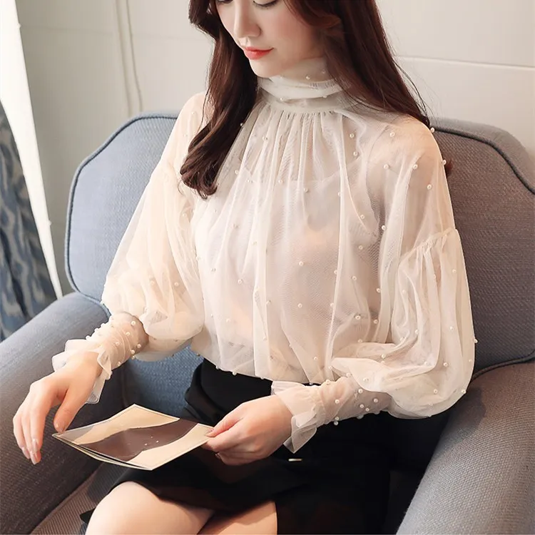 

2Xl Plus Size Lantern Sleeve Pearl Shirt Autumn Spring Beading Chiffon Blouse Women Elegant Tops