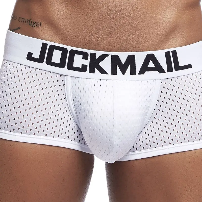 Бренд JOCKMAIL, мужские боксеры, хлопковое сексуальное мужское нижнее белье, боксеры с u-образной выпуклой сумкой, трусы с принтом листьев, Сетчатое дышащее нижнее белье для геев - Цвет: JM442-White