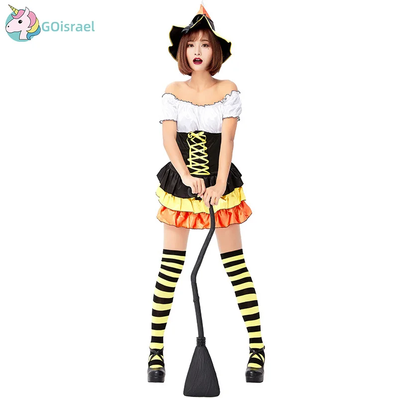 

Halloween Carnival Magic Pumpkin Witch Costume Cute Little Witch Stage Show Holiday Festival Party Striped Stockings