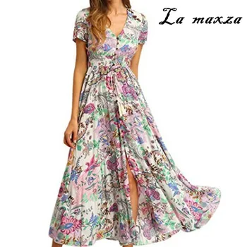 

New Arrival Summer Fashion Women Print Maxi Dress 2020 Casual V-neck Slim Dress for Women