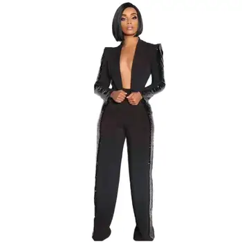

ZITY Black Sequin Blazer Set Wide Leg Pants 2 Piece Set Suit Women Sexy Elegant Ladies Business Work Wear Ol Blazer Femme