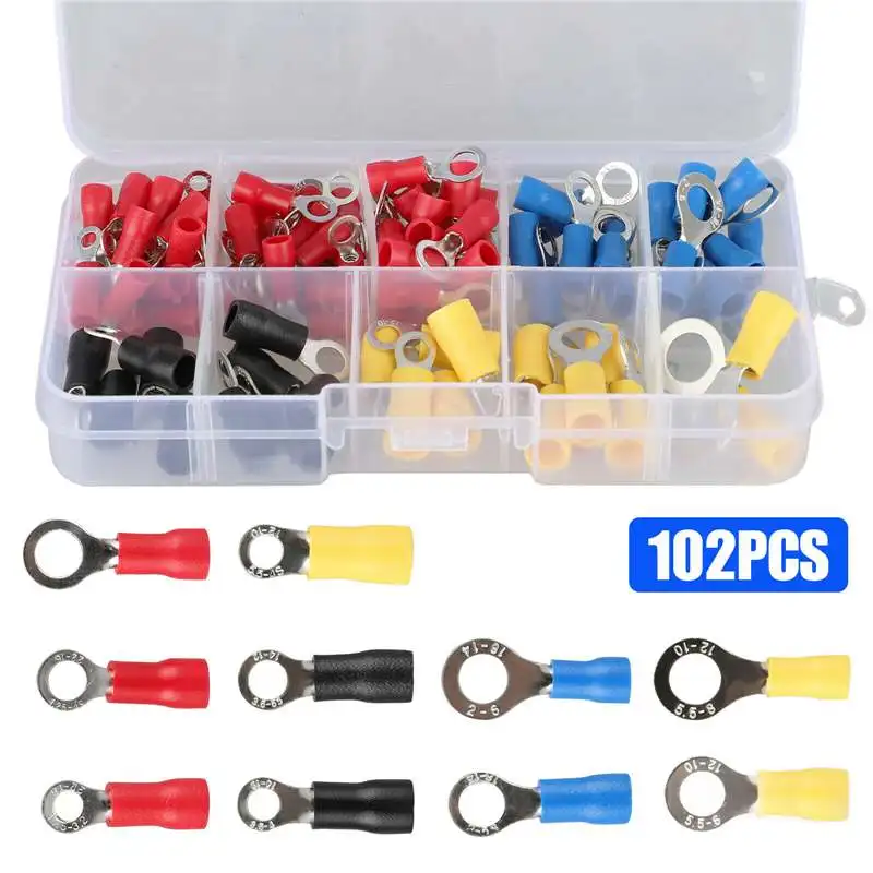 

Free Shipping 102 Pieces RV Series Round Terminal Set Cold Pressure Terminals Copper with storage box 3.2-8.4mm