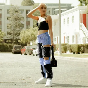 

2020 Summer Streetwear Women's New Fashion Contrasting Color Hollow Out Zipper Fly Full Length Cargo Pants Women