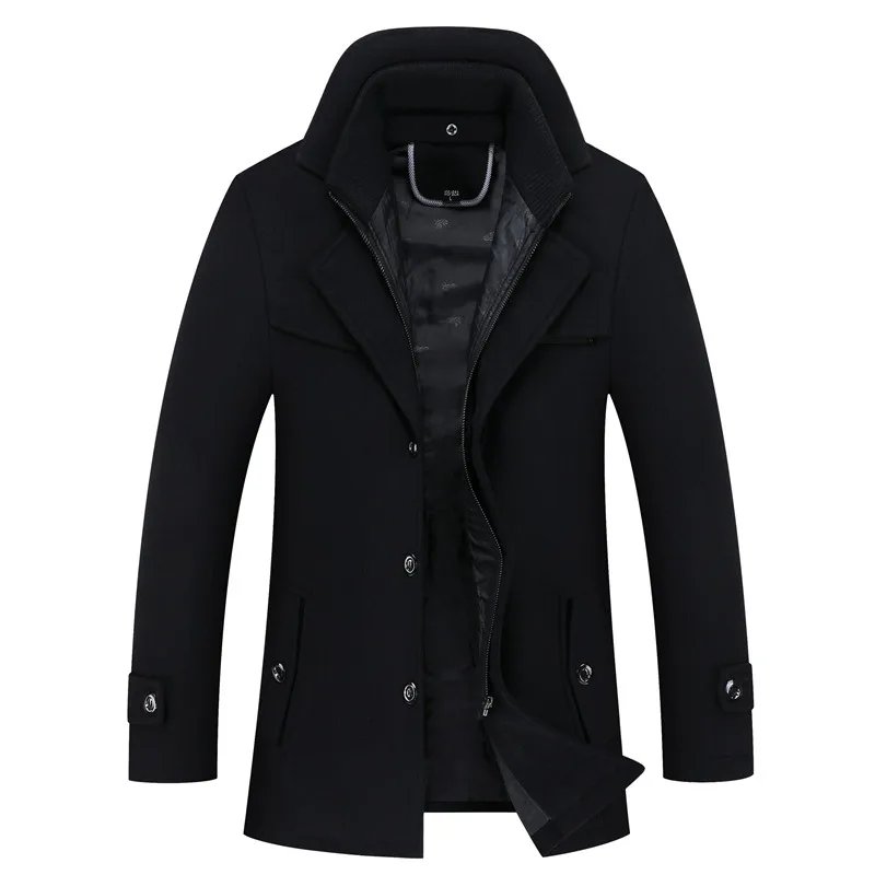 Зимняя мужская шерстяная куртка теплая деловая Повседневная однотонная куртка шерстяная куртка большого размера мужская куртка - Цвет: Черный