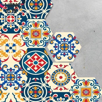 

Retro Ethnic Style Pattern Twill Hexagon Tiles Wall Sticker Living Room Bathroom Non-slip Mat Waterproof Tiles Floor Art Mural
