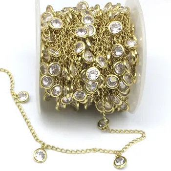 

5meter 6mm Round White Cubic Zircon Gold Chains Dangle Charms,Faceted Clear Zircon Crystal Rosary Chains,CZ Necklace Jewelry