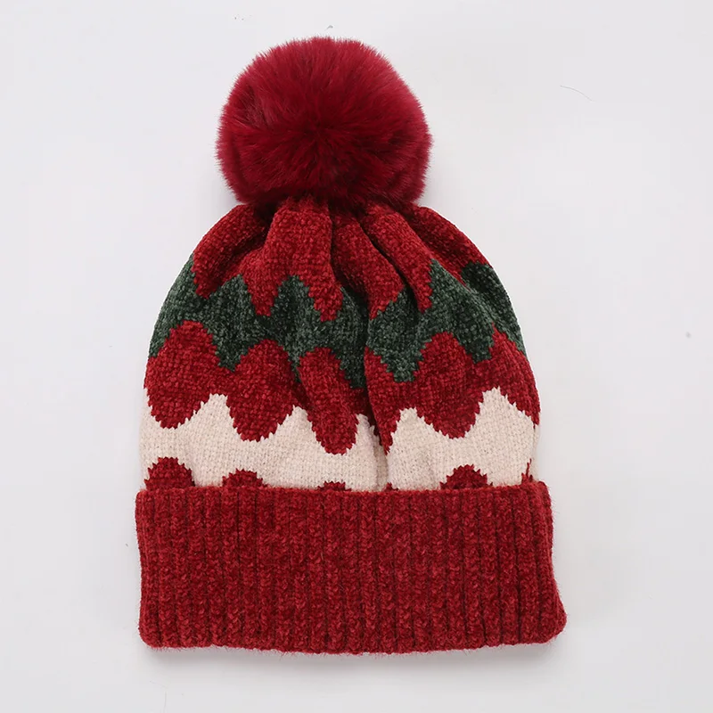 Мягкая шапка с волнистым узором, шапка с помпоном, теплые шапки для женщин, женские зимние шапочки, утолщенные муты, рождественский подарок, капот, Femme - Цвет: red