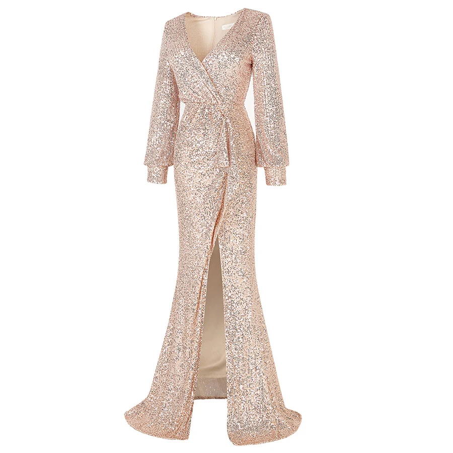 Skyyue Evening Dress High Split Women Party Dress HQ001 Plus Size Robe De Soiree New Long Sleeved Gold Sequins Formal Gown