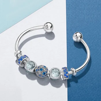 

NEW Original 100% 925 Sterling Silver Open Bracelet Set Blue Charm Bead For Send Woman Gift Adjustable DIY Bracelet Bangle