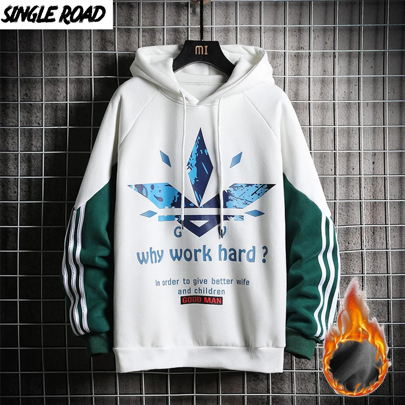 

SingleRoad Men's Winter Fleece Hoodies 2019 Side Striped Printed Sweatshirt Male Hip Hop Japanese Streetwear White Hoodie Men