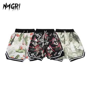 

NAGRI Summer Hawaii Flower Floral Gym Running Shorts Men Hip Hop Pockets Loose Beach Sports Elastic Waist Short Pants