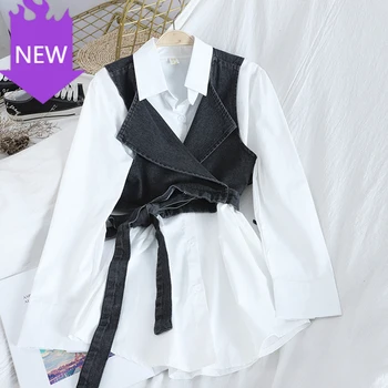 

Turn Down Collar Solid Shirt +Jeans Vest Office Lady Spring Women Blouse Fashion Korean Casual Loose Long Sleeve