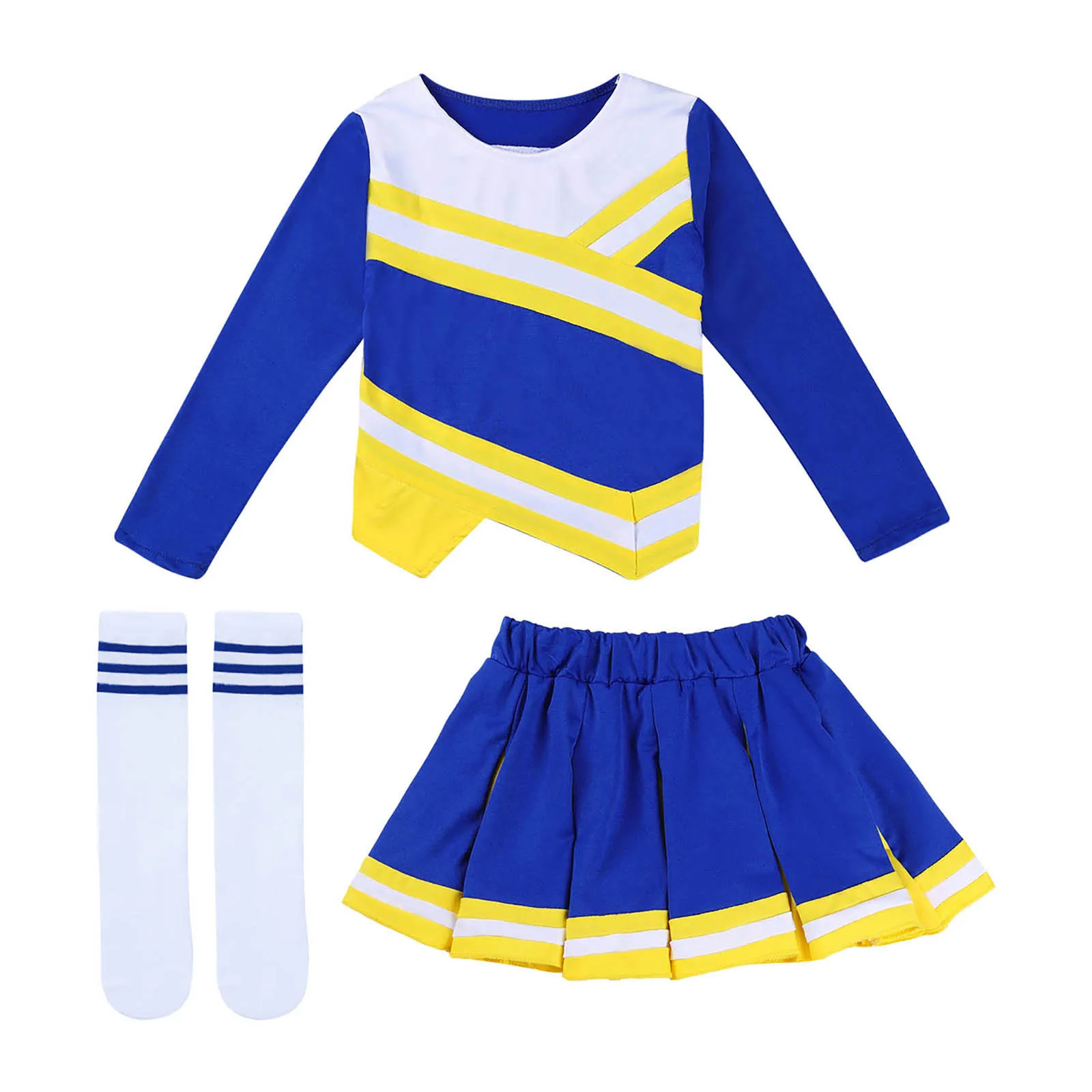 Costume de pom pom girl bleu pour filles, manches longues, bloc de