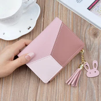 

Geometric Women Wallets with Zipper Pink Phone Pocket Purse Card Holder Patchwork Women Long Wallet Lady Tassel Short Coin Purse