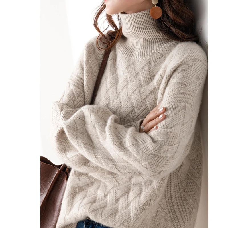 Autumn and winter new cashmere sweater women high neck pullover loose large  size thick sweater 100% wool mid-length sweater