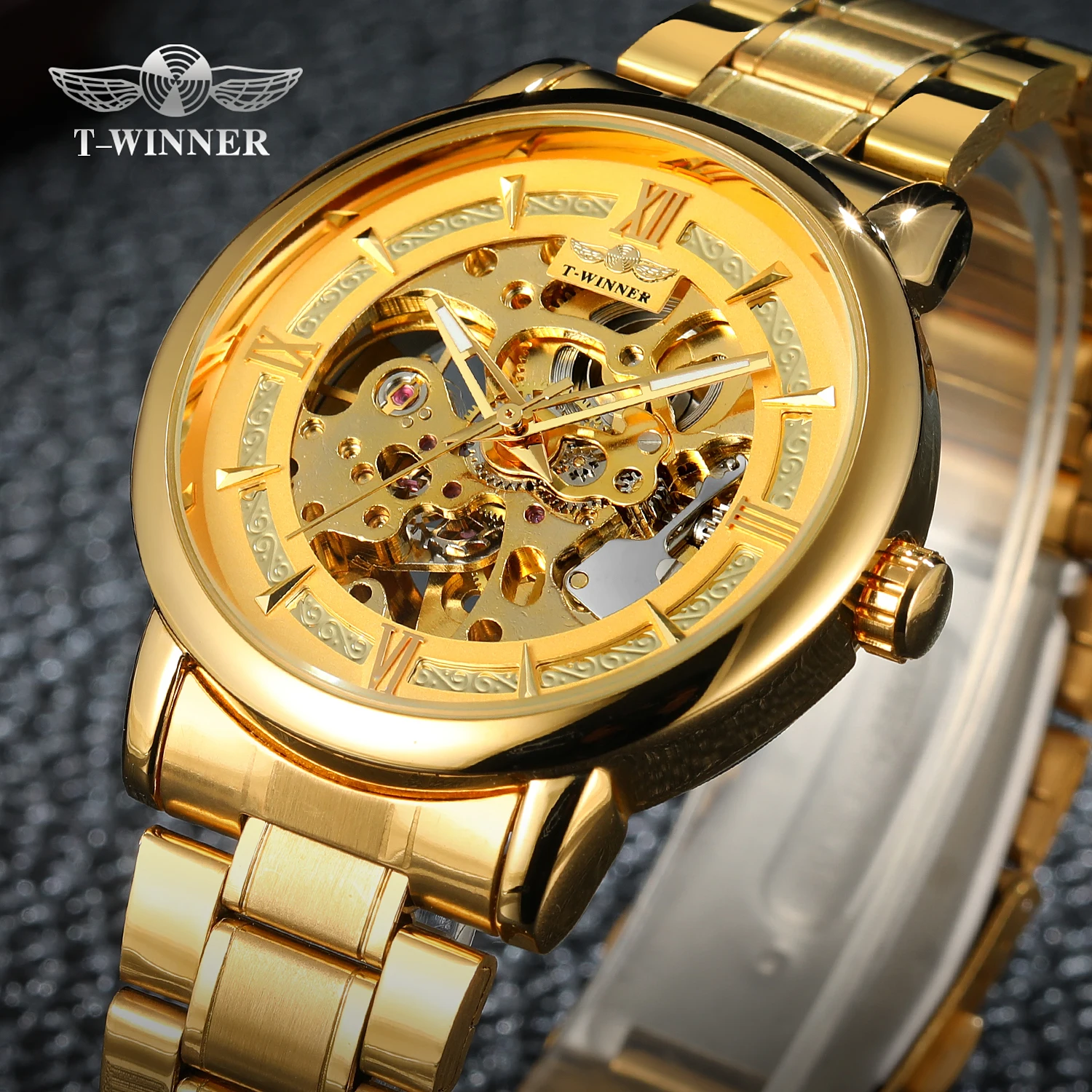 

WINNER 2019 Fashion Mens Watches Top Brand Luxury Golden Skeleton Auto Mechanical Watch Men Stainless Steel Strap Royal relogio