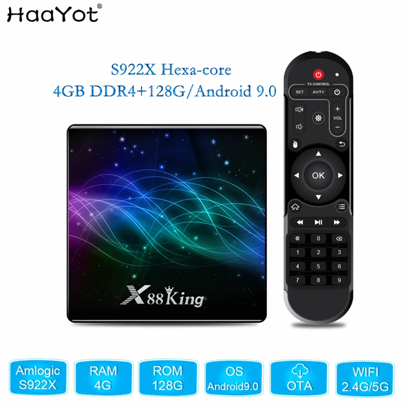

HAAYOT Amlogic S922X Hexa core Smart TV Box Android 9.0 4GB DDR4 Ram 128GB Tvbox IP TV Netflix Youtube 4K Media Boxes X88 King