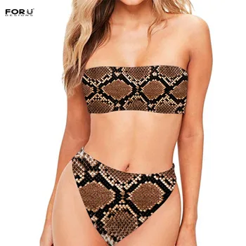

FORUDESIGNS Fashion Snake Pattern Ladies Swimsuit Summer Sexy Women Strapless Bandeau Top 2 Piece Bikinis Set Bathing Suit Girls