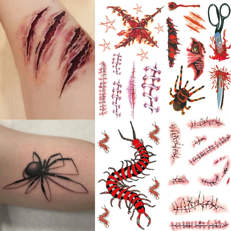 50 Fogli Tatuaggi Temporanei Halloween Viso - Set Cicatrici Finte E Sangue Finto Per Costumi Zombie E Trucco Horror