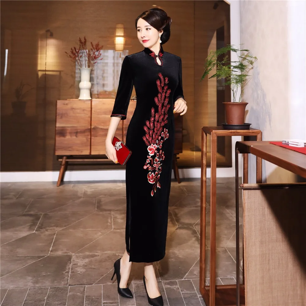 Шанхай история бархат Cheongsam китайское платье вышивка Qipao длинное