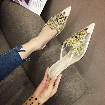 

2020 Summer Luxury Women Bling Crystal Gold Silver Spike High Heels Slides Mules Designer Glitter Rhinestone Mesh Slippers Shoes