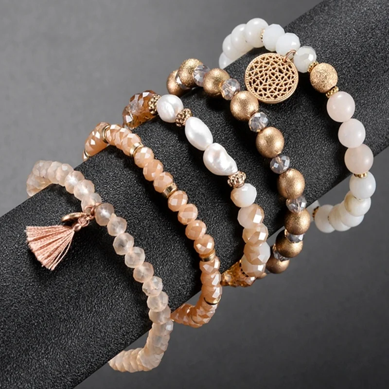 Fashion Crystal Multilayer Beaded Bracelet Set Women Girls Popular Faceted Glass Pearl Beads Tassel Bracelets Handmade Jewelry | Украшения