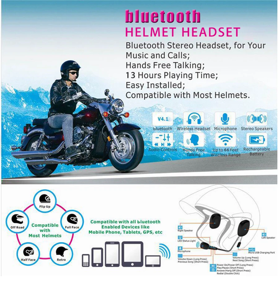 Мотоцикл bluetooth V4.2 беспроводной анти-помех шлем гарнитура Hands Free домофон