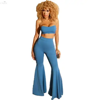 

Korean Style 2 Piece Set Women Sleeveless Wrapped Chest Lace Short Slim Tee And Flare Pants Suit Set Bell Bottom Pants Women Set