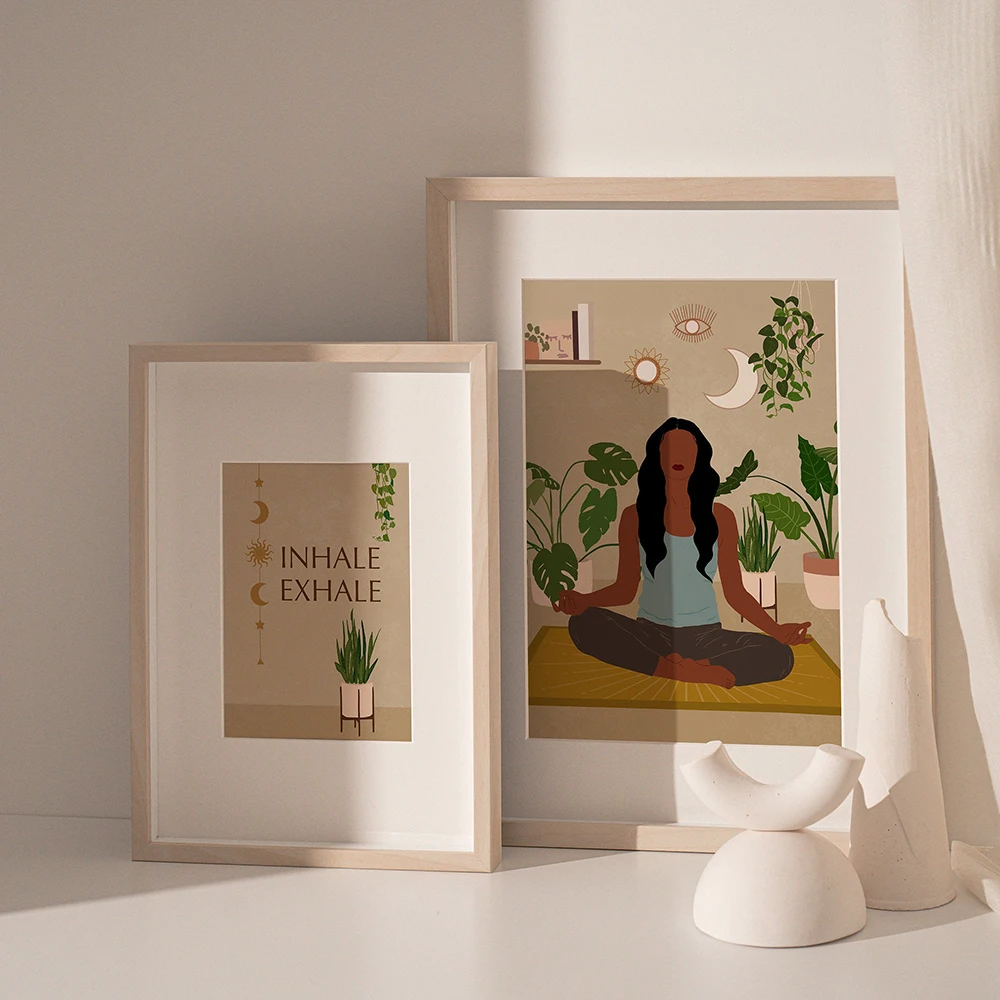 

African Boho Yoga Meditation Woman Poster And Print Wall Art Inhale Exhale Quote Canvas Painting Print Pictures For Living Room