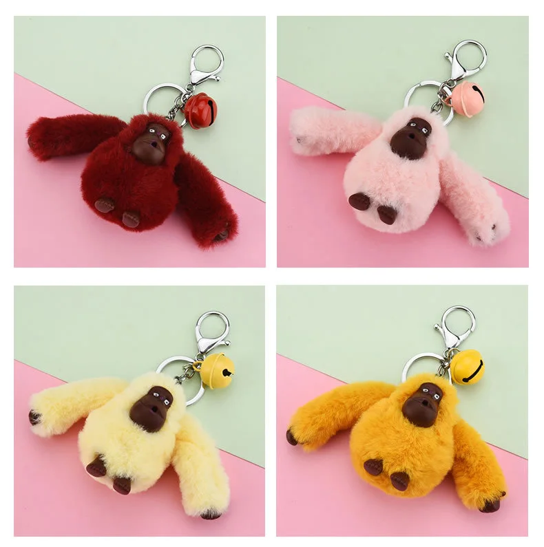 Fluffy Pompom Gorilla Keychain Cute Plush Doll Animal Key Chain Faux Fur Pom Pom Car Key Ring Trinket Bag Charms Pendant Jewelry