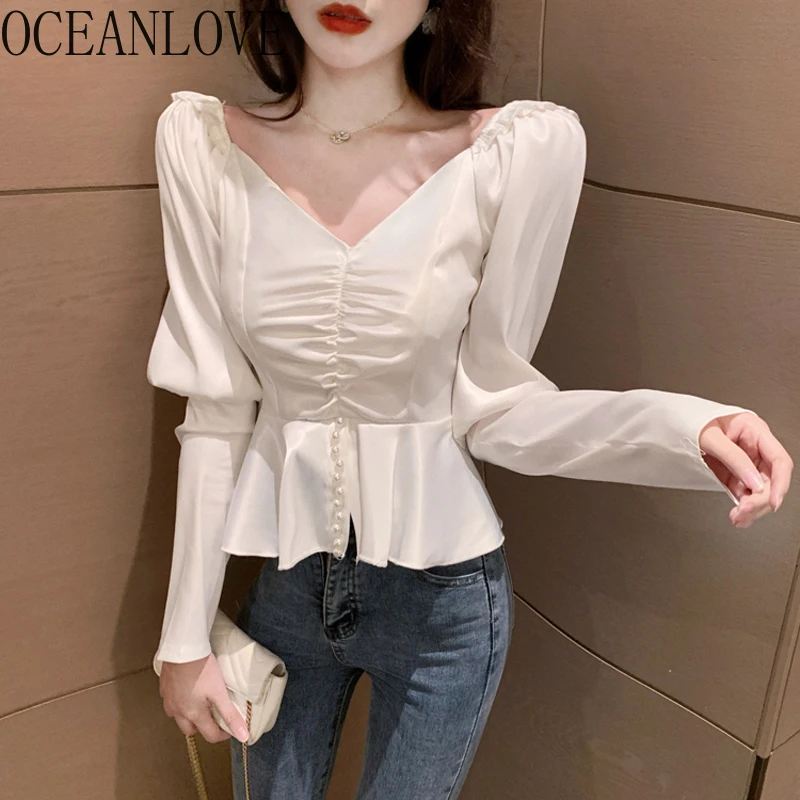 

OCEANLOVE Sexy Tops Solid Puff Sleeve Korean Off Shoulder Women Blouses Ruffles V Neck Spring 2020 Ins Fashion Ropa Mujer 14920