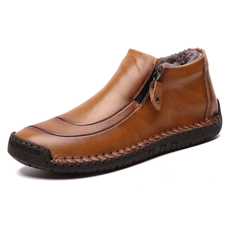 Мужская повседневная обувь мужские рабочие ботинки из натуральной кожи зимние хлопковые Лоферы обувь из воловьей кожи теплая Тканевая обувь Лодыжка защтьные ботинки - Цвет: Dark Brown