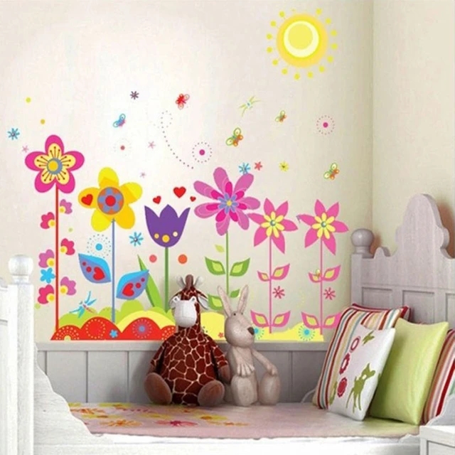 Cuarto camión Violar Pegatina de pared para habitación de niños, calcomanía de PVC de dibujos  animados románticos coloridos, flores de sol, mariposa, vinilo extraíble,  arte para decoración del hogar _ - AliExpress Mobile