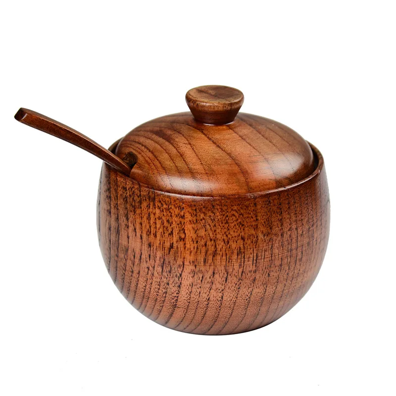 Wood Spice Pot Sugar Bowl Salt Pepper Seasoning Box W/Spoon And Lid Kitchen Tool