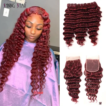 

Deep Wave 99J Wine Red Hair 3 Bundles With Closure Brazilian Colored Human Hair Bundles With Closure Shining Star Remy Bundles