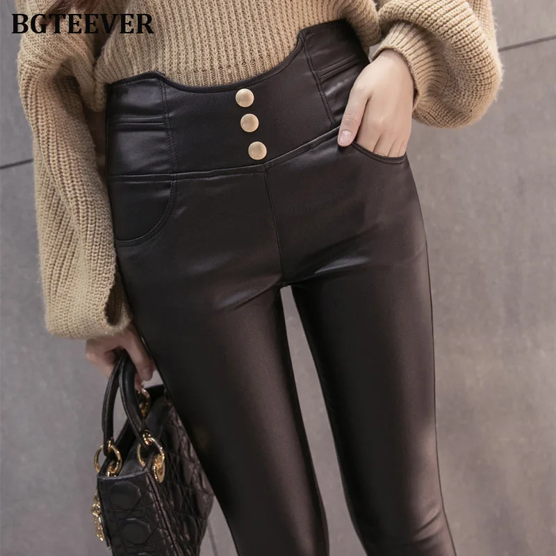 BGTEEVER кожаные брюки женские внешние кнопки с высокой талией 2019 осень зима