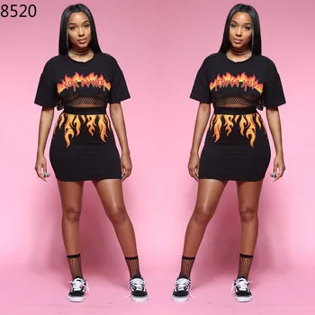 

Summer 2 Piece Set Women See Through Sexy Mesh Crop Top Mini Skirt Party Club fashion offset printing streetwear matching sets